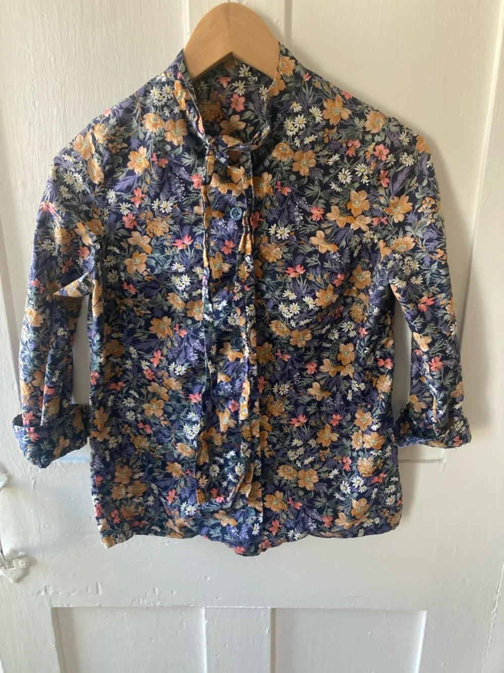 Floral Button-Up Blouse in Navy with Mustard and Pink Flowers